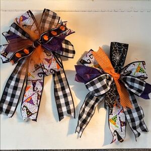 Halloween Bows 2 pc Set Pumpkins Custom Made Purple Orange Black White Decor